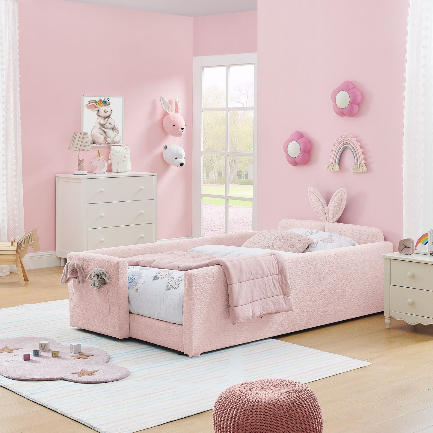 Cute Rabbit Ear Upholstered Platform Bed Frame With Safety Rail - The Sleep Loft - Online Mattress Showroom NYC