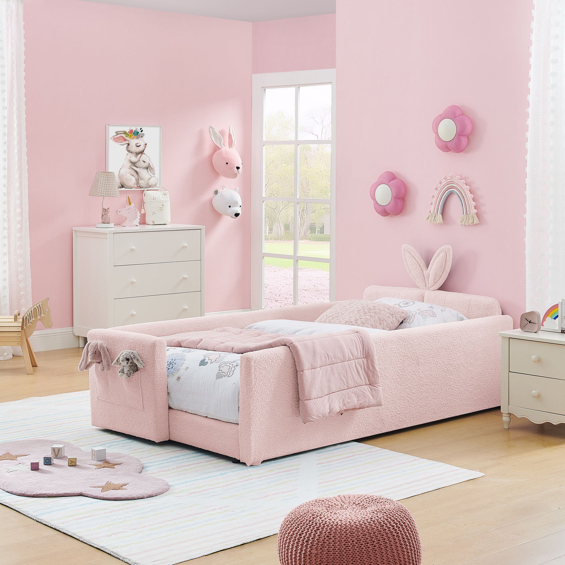 Cute Rabbit Ear Upholstered Platform Bed Frame With Safety Rail - The Sleep Loft - Online Mattress Showroom NYC