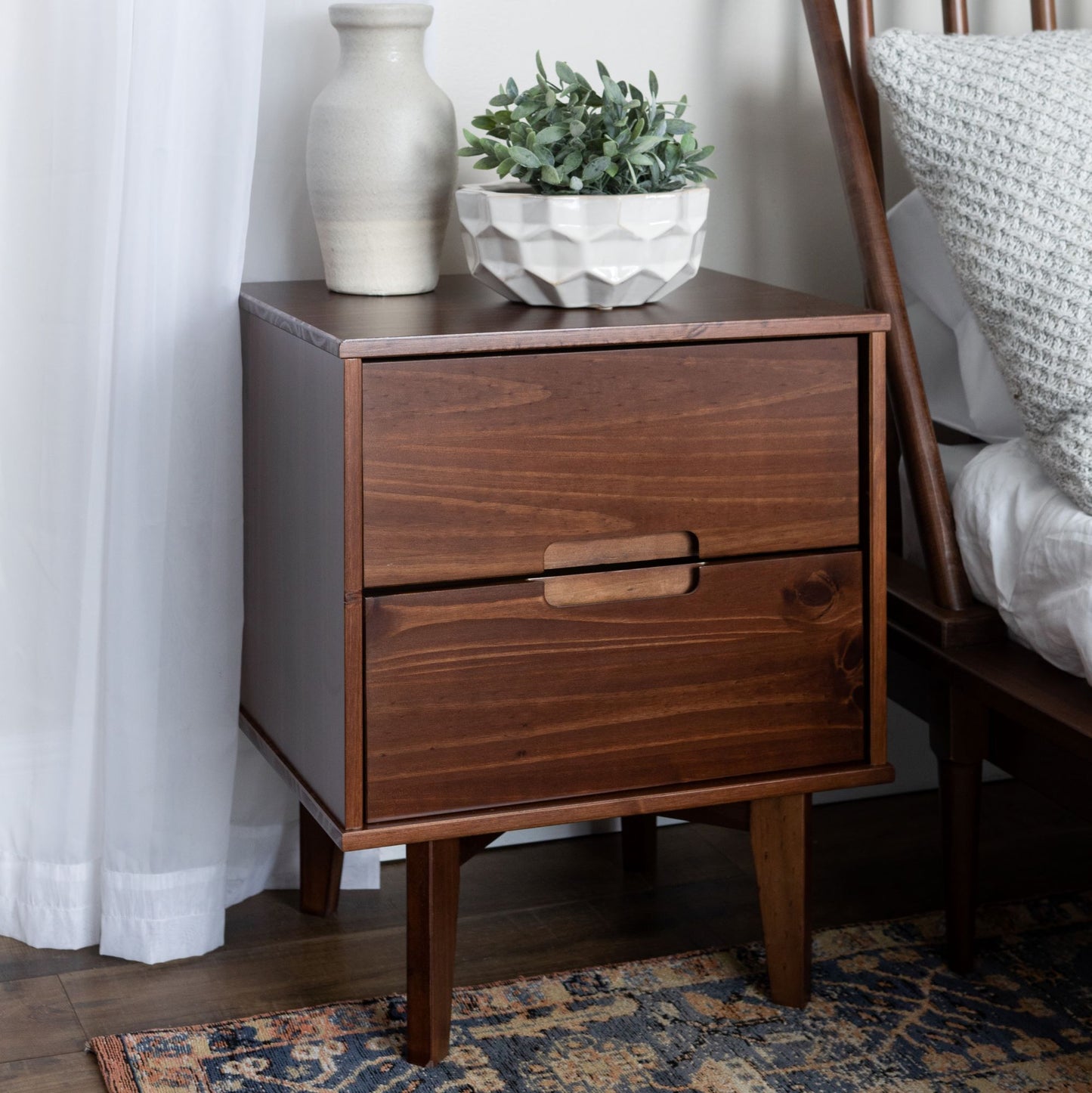 Mid-Century Modern 2 Drawer Solid Wood Nighstand With Cutout Handles - The Sleep Loft - Online Mattress Showroom NYC