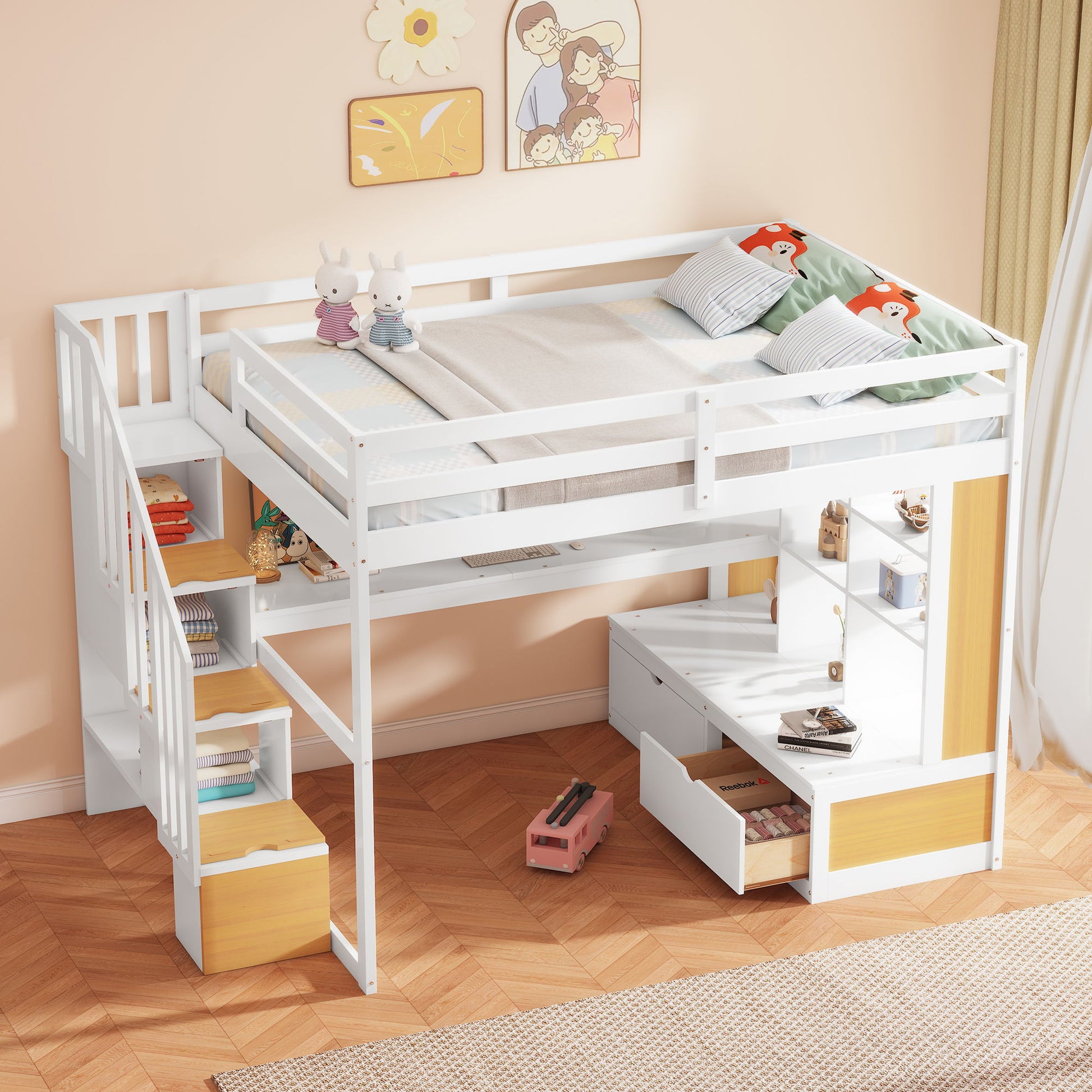 Full Size Loft Bed With Desk And Shelves, 2 Built In Drawers, Storage Staircase - Natural / White - The Sleep Loft - Online Mattress Showroom NYC