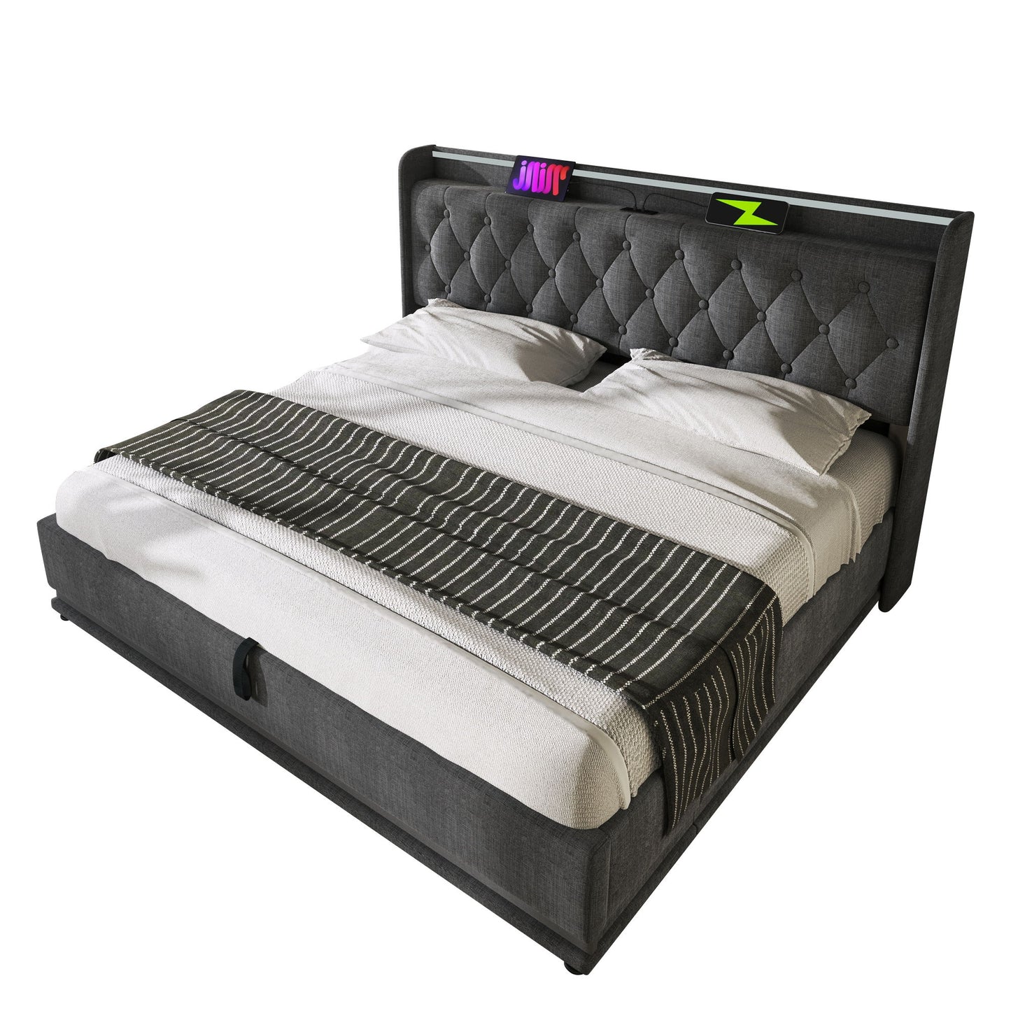 Upholstered Bed, 360 Surround LED Function, Remote Control, Hydraulic Storage Bed With USB, Type-C Charging (Without Mattress) - The Sleep Loft - Online Mattress Showroom NYC