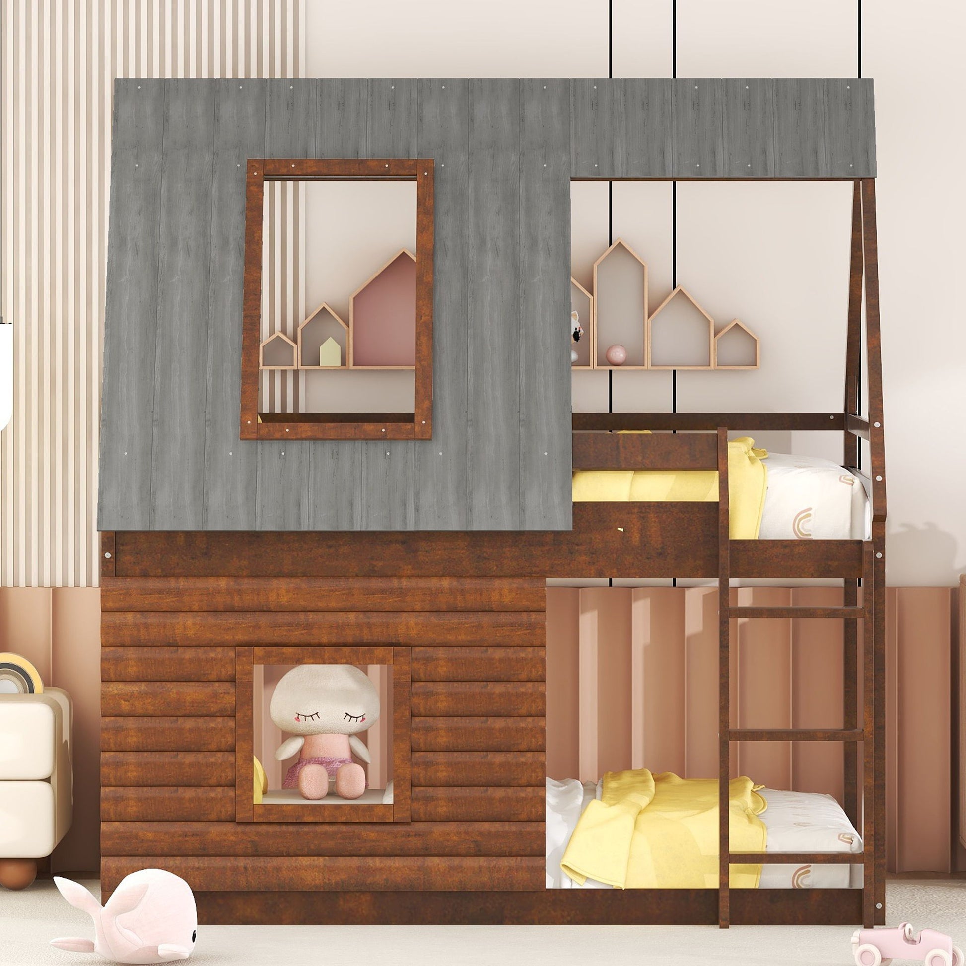 Wood Twin Size House Bunk Bed With Roof, Ladder And 2 Windows - Oak & Smoky Gray - The Sleep Loft - Online Mattress Showroom NYC