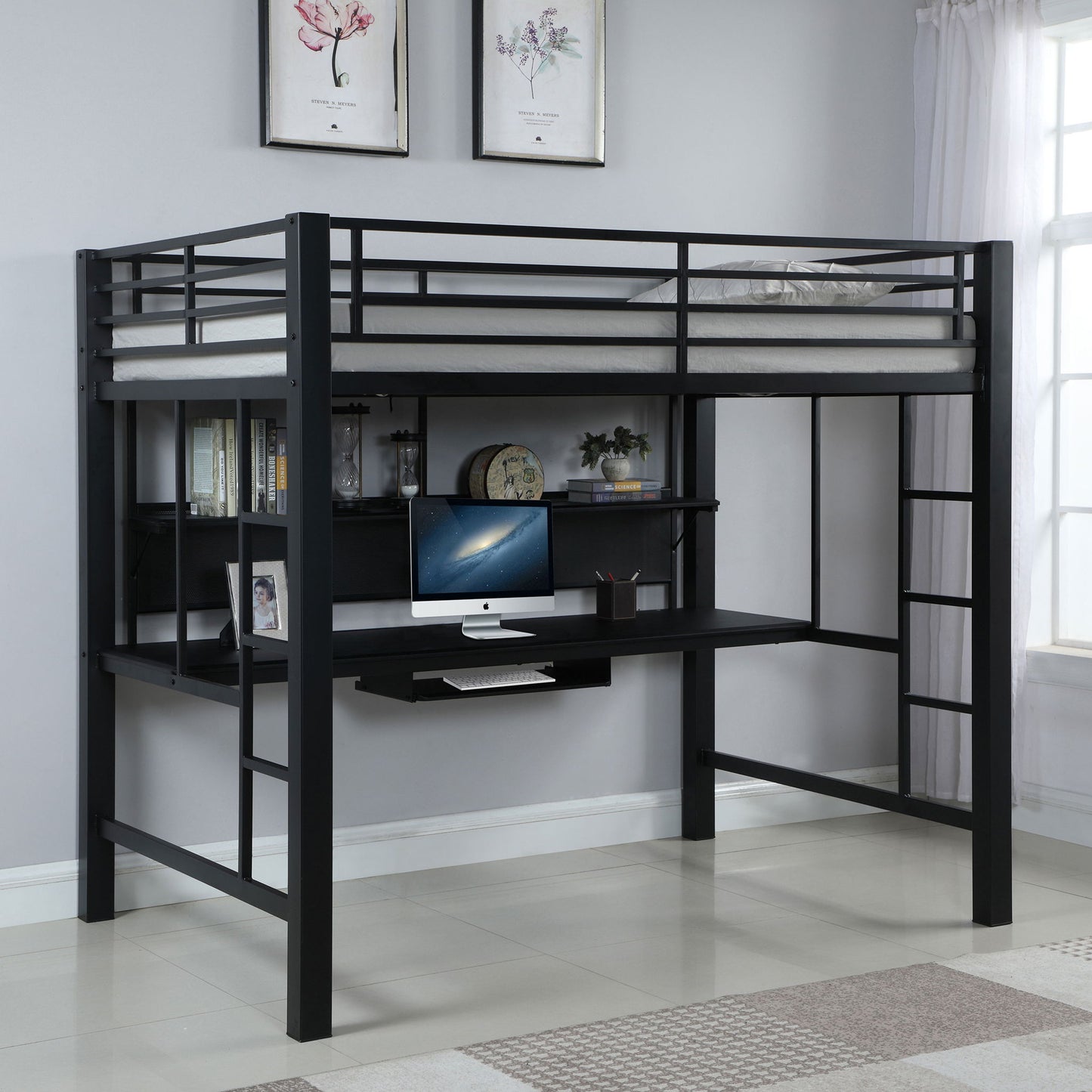 Ranier - Full Workstation Loft Bed, Full Length Desk, Safety Rails And Storage Shelves - Black - The Sleep Loft - Online Mattress Showroom NYC
