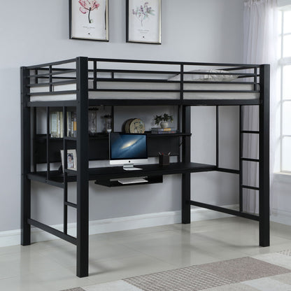 Ranier - Full Workstation Loft Bed, Full Length Desk, Safety Rails And Storage Shelves - Black - The Sleep Loft - Online Mattress Showroom NYC