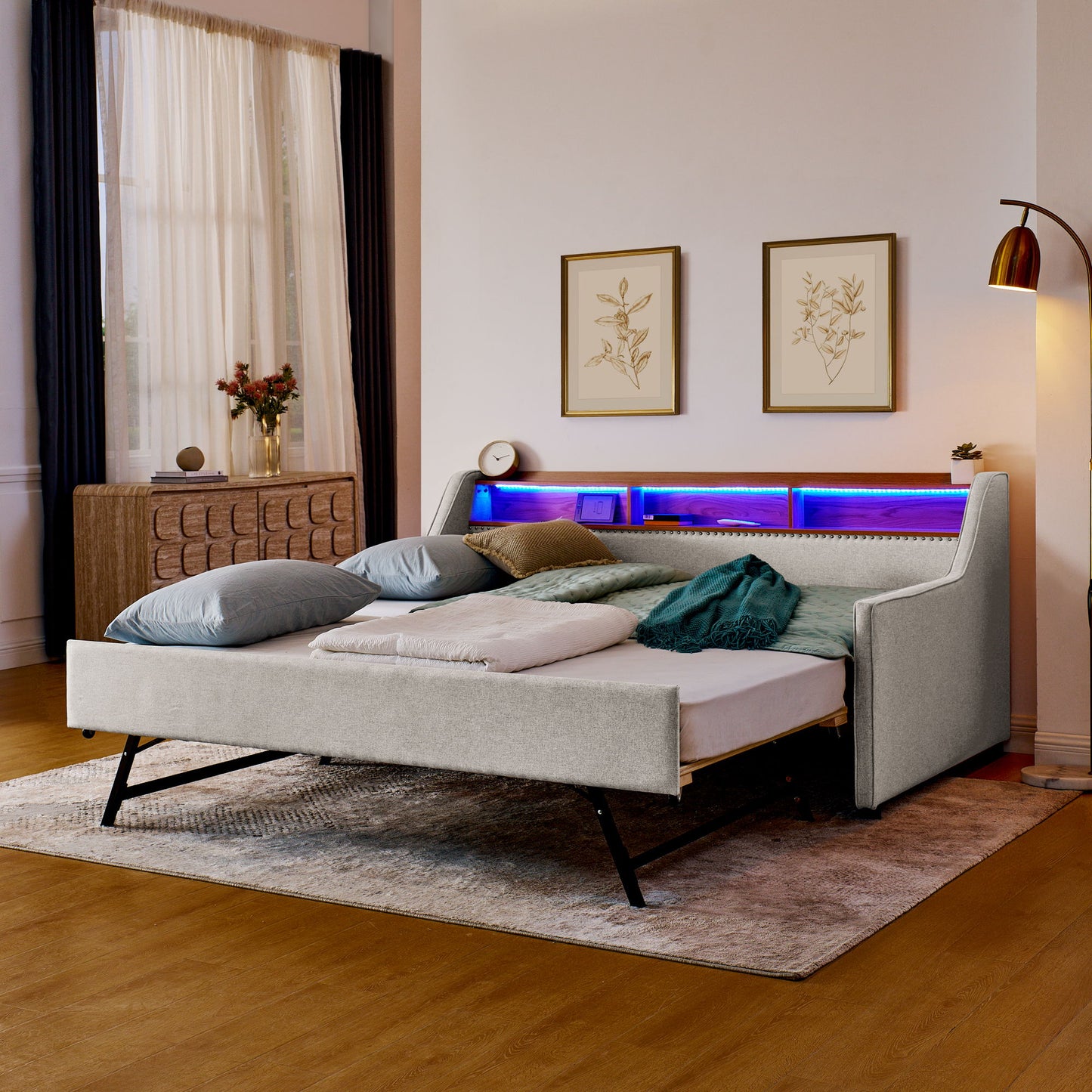 Upholstered Sofa Bed With LED Lights, Storage Headboard, Foldable Trundle & Wireless Charging - The Sleep Loft - Online Mattress Showroom NYC