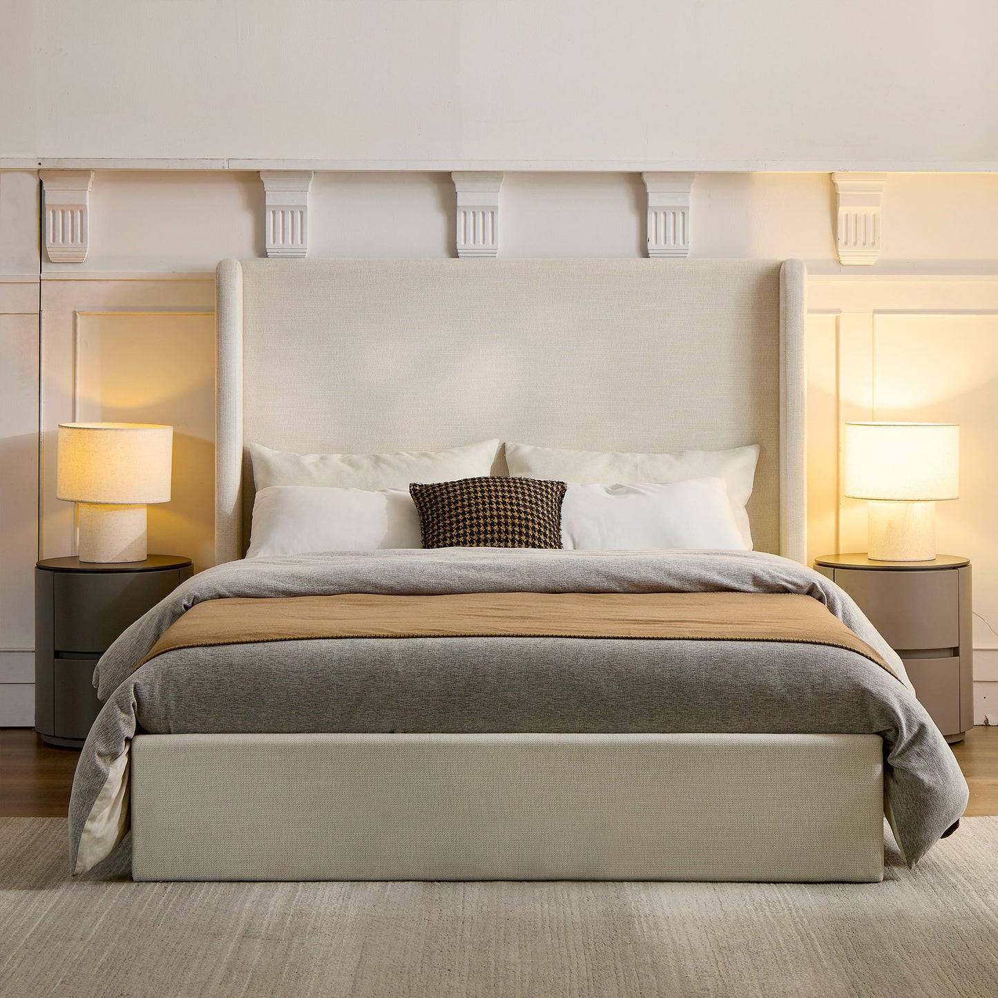 Carmen - Minimalist Upholstered Wingback Bed Frame With High Headboard - The Sleep Loft - Online Mattress Showroom NYC