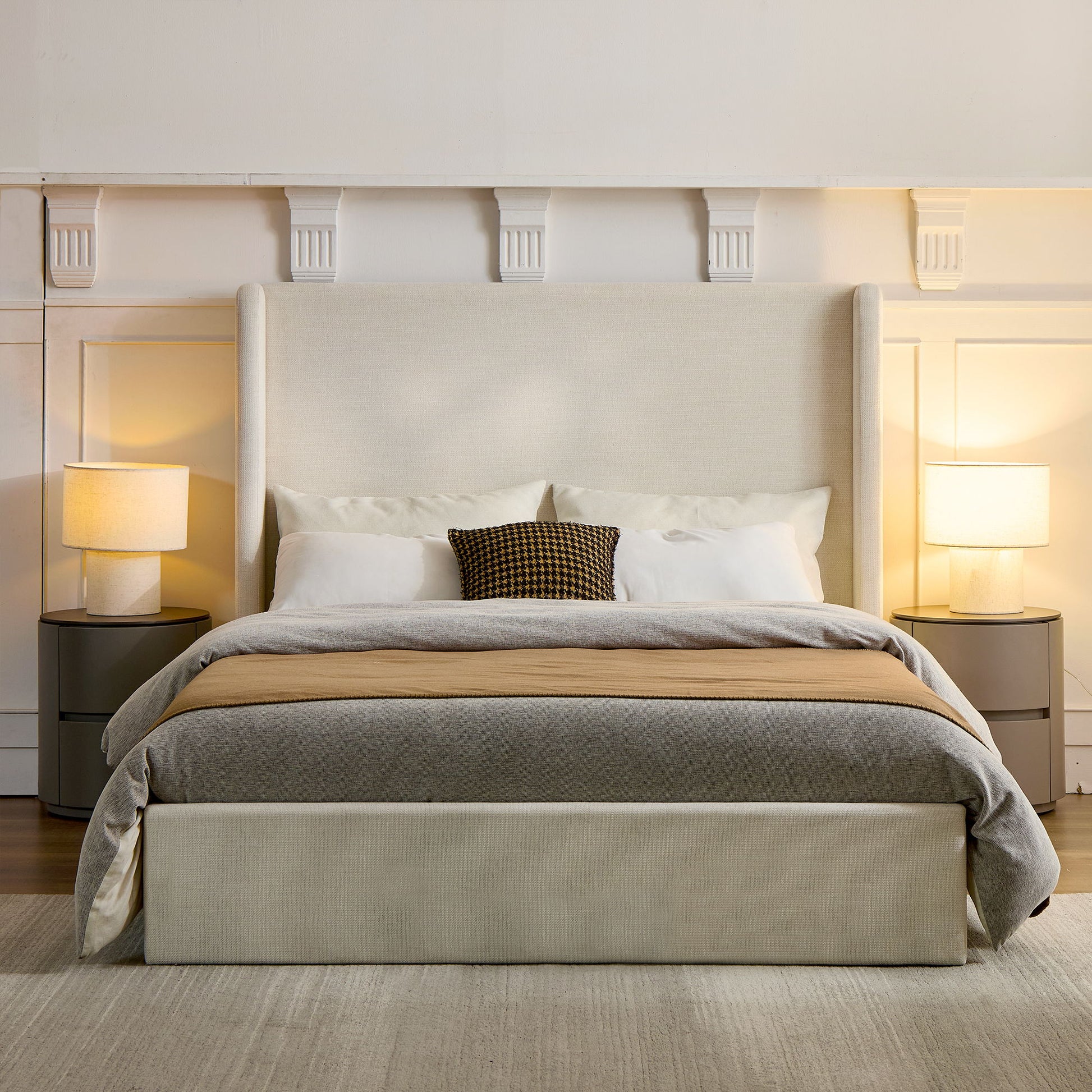 Carmen - Minimalist Upholstered Wingback Bed Frame With High Headboard - The Sleep Loft - Online Mattress Showroom NYC