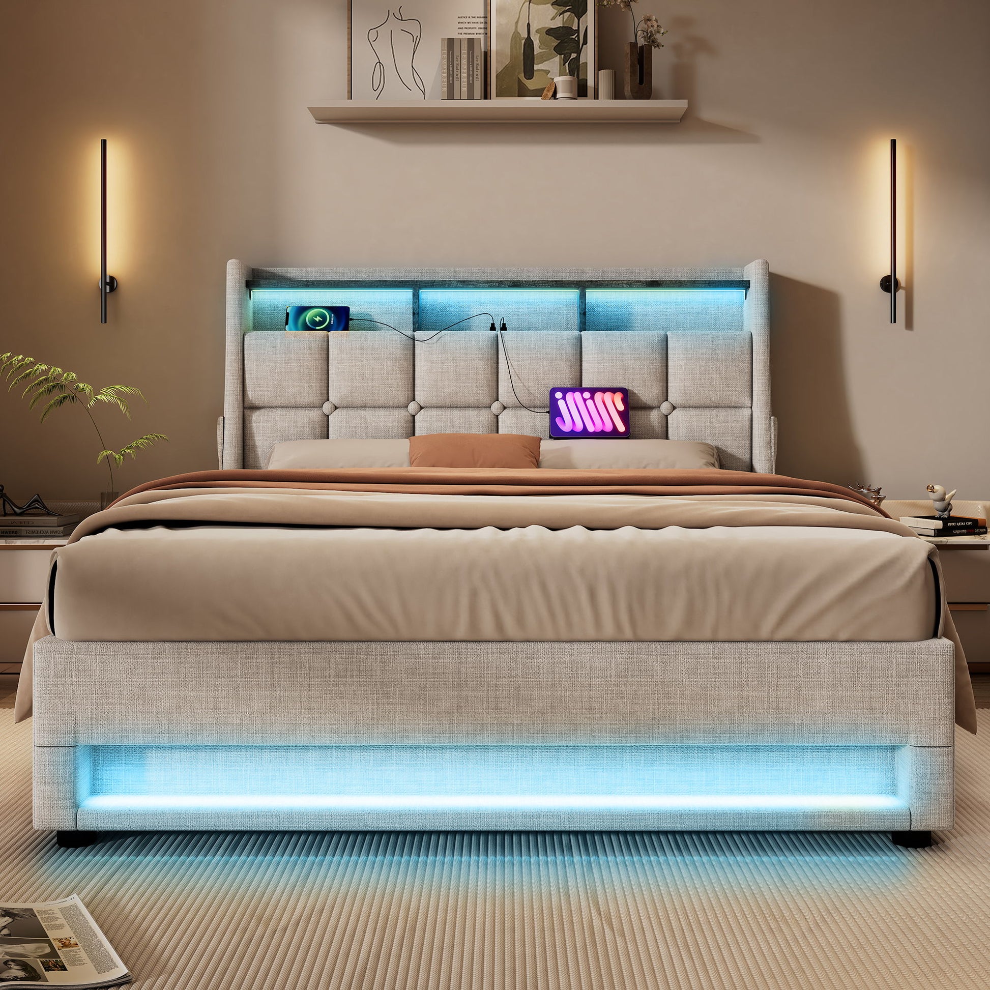 Upholstered Platform Bed With A Hydraulic Storage System, LED And USB Charging (Without Mattress) - The Sleep Loft - Online Mattress Showroom NYC