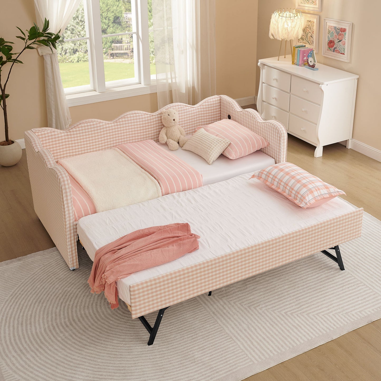 Gingham Daybed With USB Charging Port, Wave Shaped Design - The Sleep Loft - Online Mattress Showroom NYC