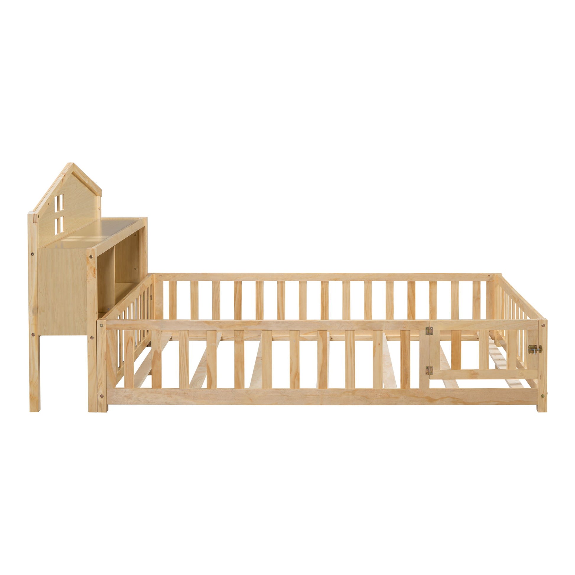 Full Size Montessori Floor Bed With Bookcases And boards, Solid Wood Platform Bed With Guard Rails And Storage Headboards - Natural - The Sleep Loft - Online Mattress Showroom NYC