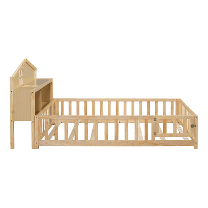 Full Size Montessori Floor Bed With Bookcases And boards, Solid Wood Platform Bed With Guard Rails And Storage Headboards - Natural - The Sleep Loft - Online Mattress Showroom NYC