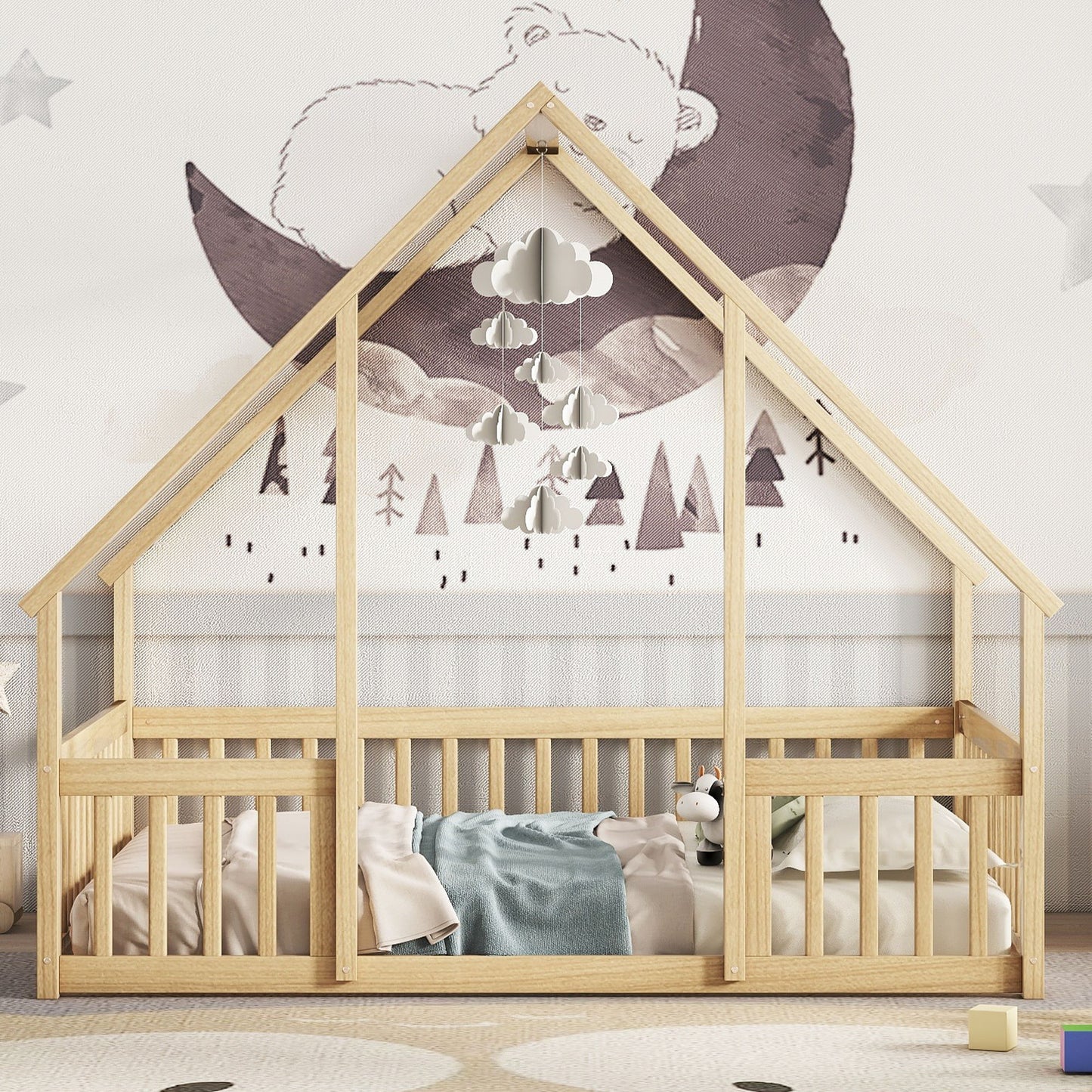 Wood House-Shaped Floor Bed With Fence, Guardrails - The Sleep Loft - Online Mattress Showroom NYC