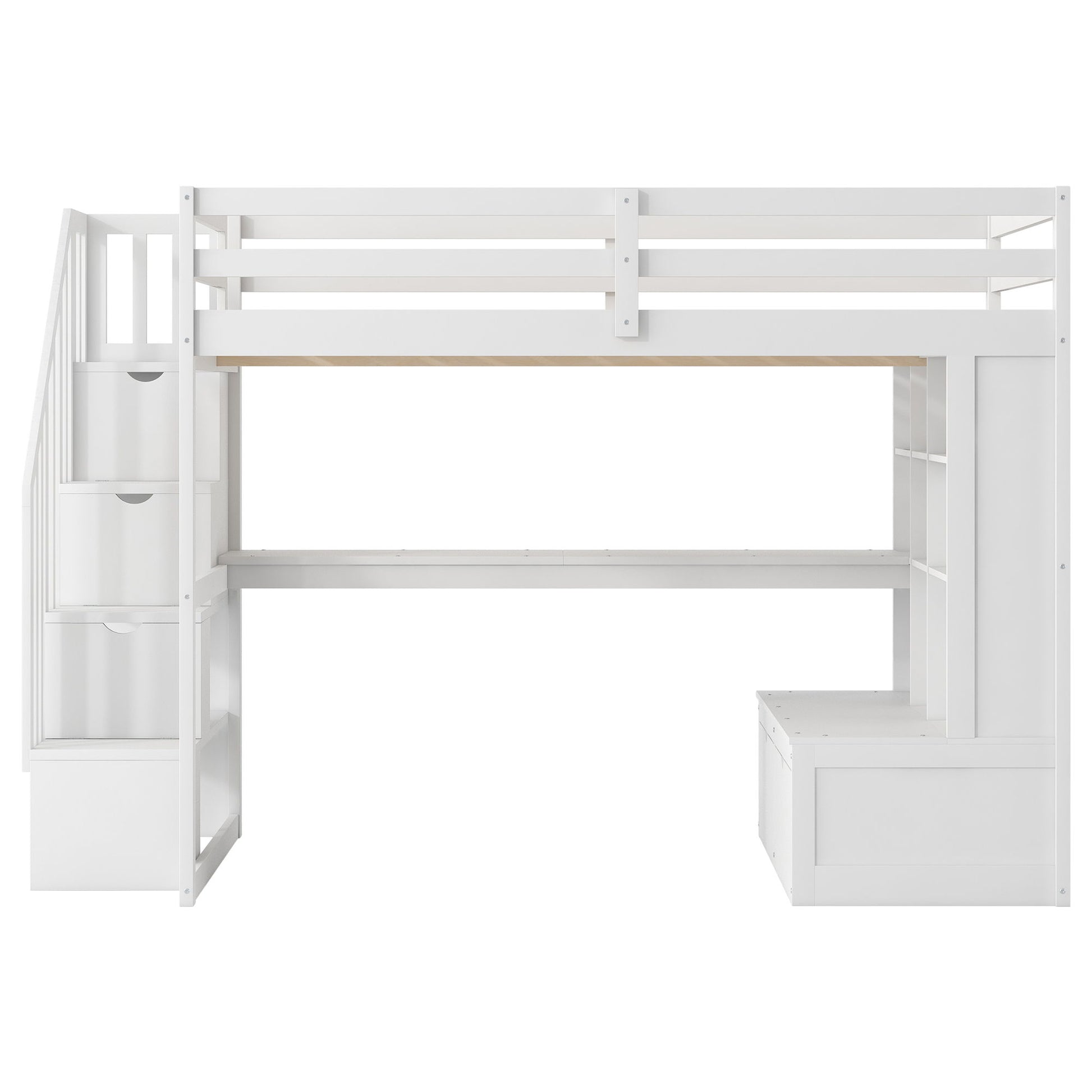 Full Size Loft Bed With Desk And Shelves, 2 Built In Drawers, Storage Staircase - White - The Sleep Loft - Online Mattress Showroom NYC