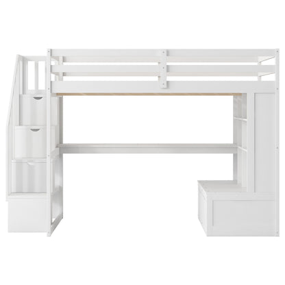 Full Size Loft Bed With Desk And Shelves, 2 Built In Drawers, Storage Staircase - White - The Sleep Loft - Online Mattress Showroom NYC