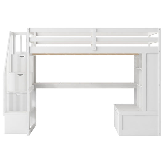 Full Size Loft Bed With Desk And Shelves, 2 Built In Drawers, Storage Staircase - White - The Sleep Loft - Online Mattress Showroom NYC