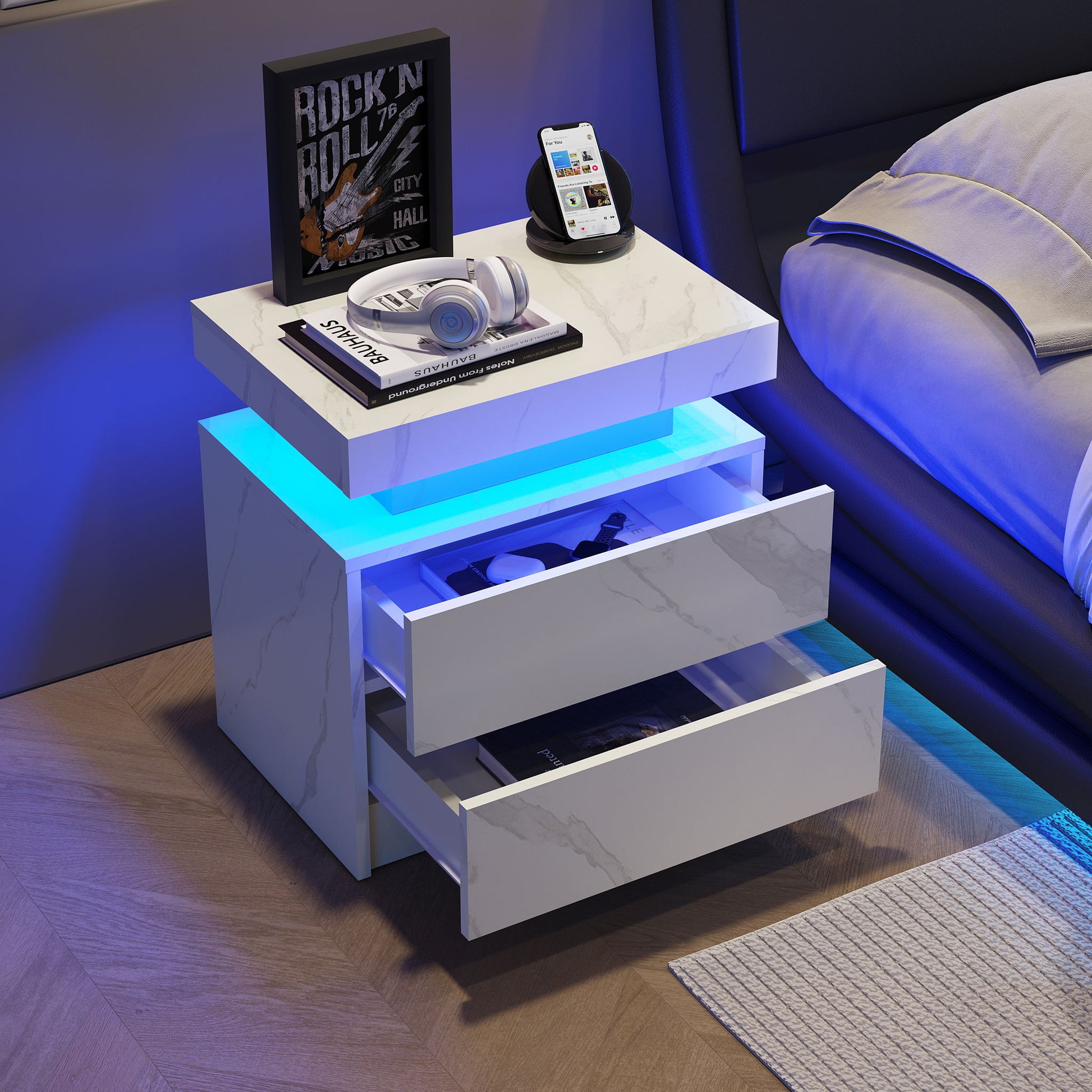 Nightstand LED, Bedside Table Cabinet With 2 Drawers For Bedroom - The Sleep Loft - Online Mattress Showroom NYC