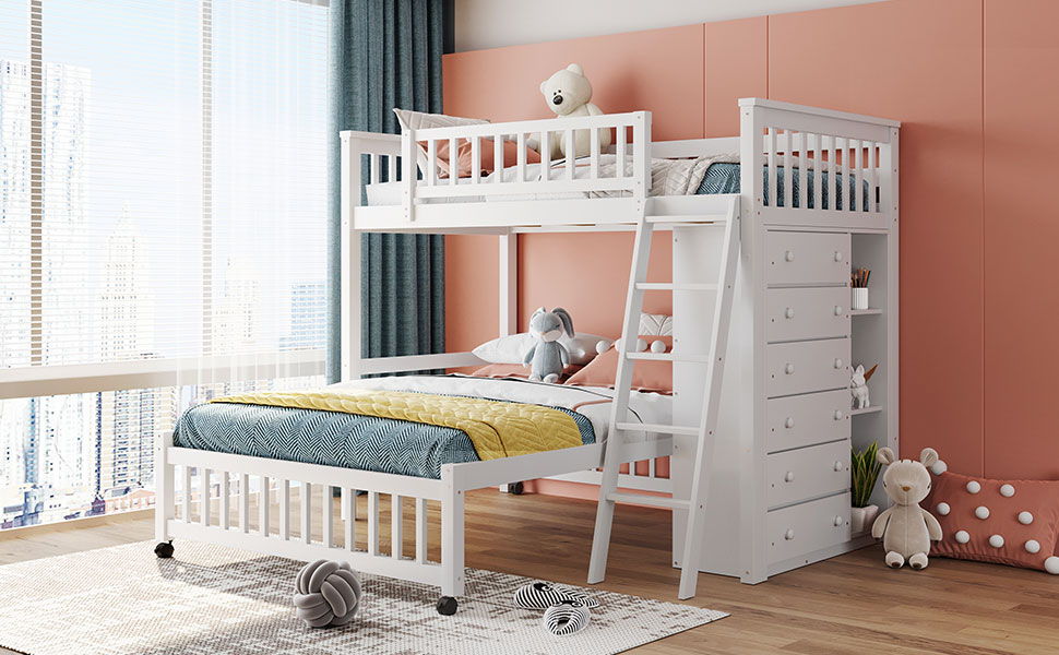 Bunk Bed With 6 Drawers And Flexible Shelves, Bottom Bed With Wheels - The Sleep Loft - Online Mattress Showroom NYC