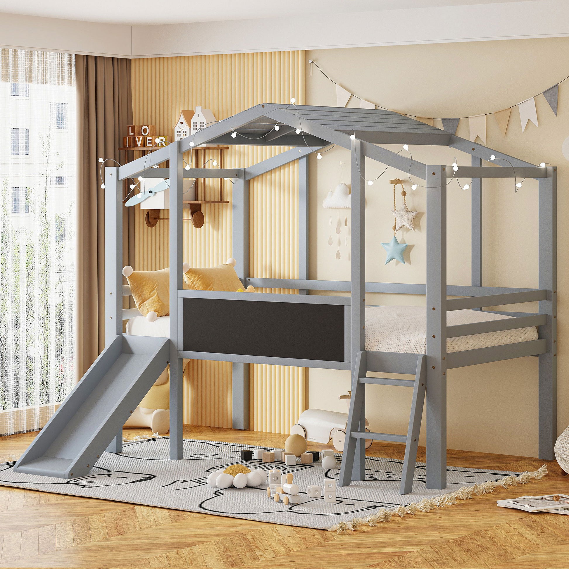 Loft House Bed With Ladder And Slide, With board And Light Strip On The Roof - The Sleep Loft - Online Mattress Showroom NYC