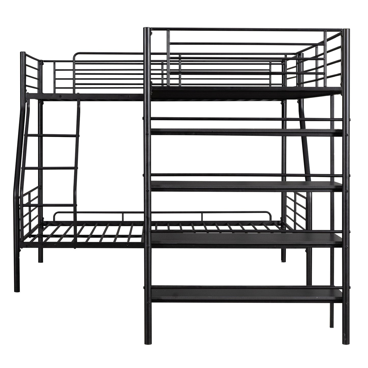 L-Shaped Twin Over Full Bunk Bed And Twin Loft Bed With 4 Built In Shelves - Black - The Sleep Loft - Online Mattress Showroom NYC