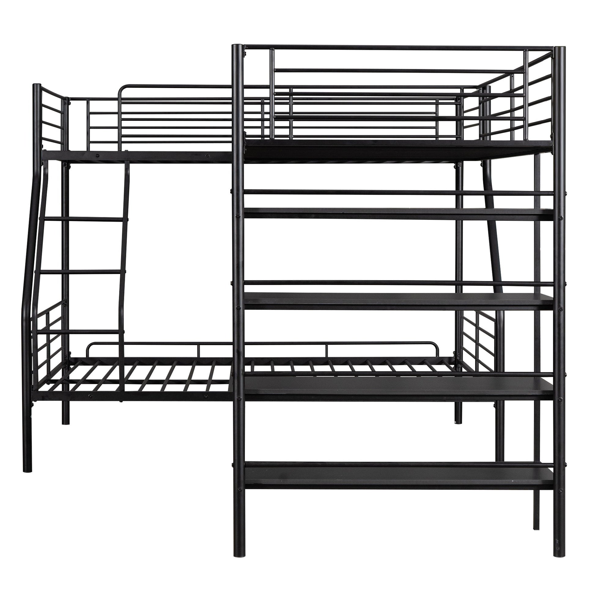 L-Shaped Twin Over Full Bunk Bed And Twin Loft Bed With 4 Built In Shelves - Black - The Sleep Loft - Online Mattress Showroom NYC