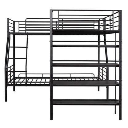 L-Shaped Twin Over Full Bunk Bed And Twin Loft Bed With 4 Built In Shelves - Black - The Sleep Loft - Online Mattress Showroom NYC