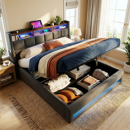 Upholstered Platform Bed With A Hydraulic Storage System, LED And USB Charging (Without Mattress) - The Sleep Loft - Online Mattress Showroom NYC