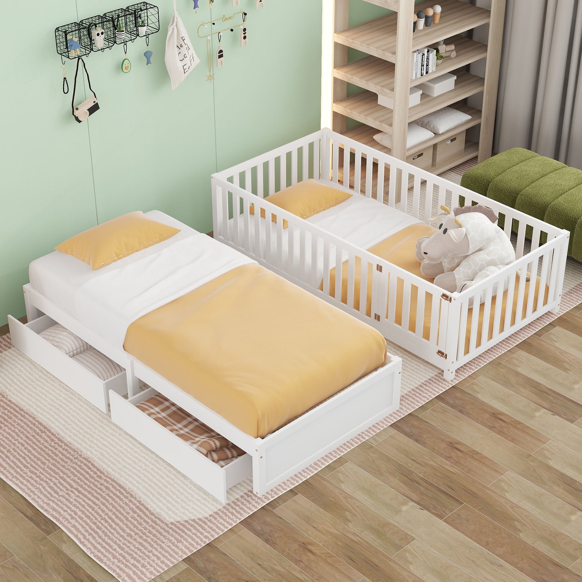 Daybed With Fence Guardrails And 2 Drawers, Split Into Independent Floor Bed & Daybed - The Sleep Loft - Online Mattress Showroom NYC