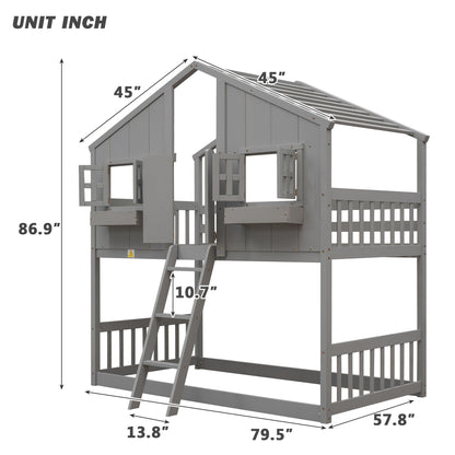 House Bunk Bed With Roof, Window, Window Box, Door, With Safety Guardrails And Ladder - The Sleep Loft - Online Mattress Showroom NYC