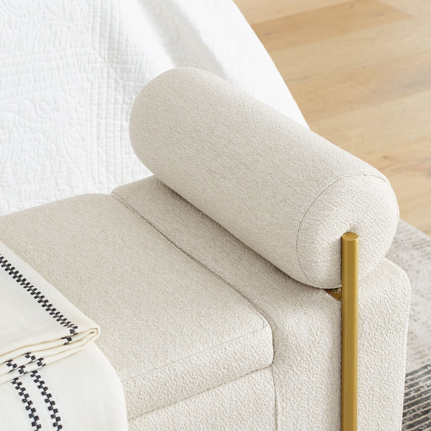 Elegant Upholstered Storage Bench With Cylindrical Arms And Iron Legs, - The Sleep Loft - Online Mattress Showroom NYC
