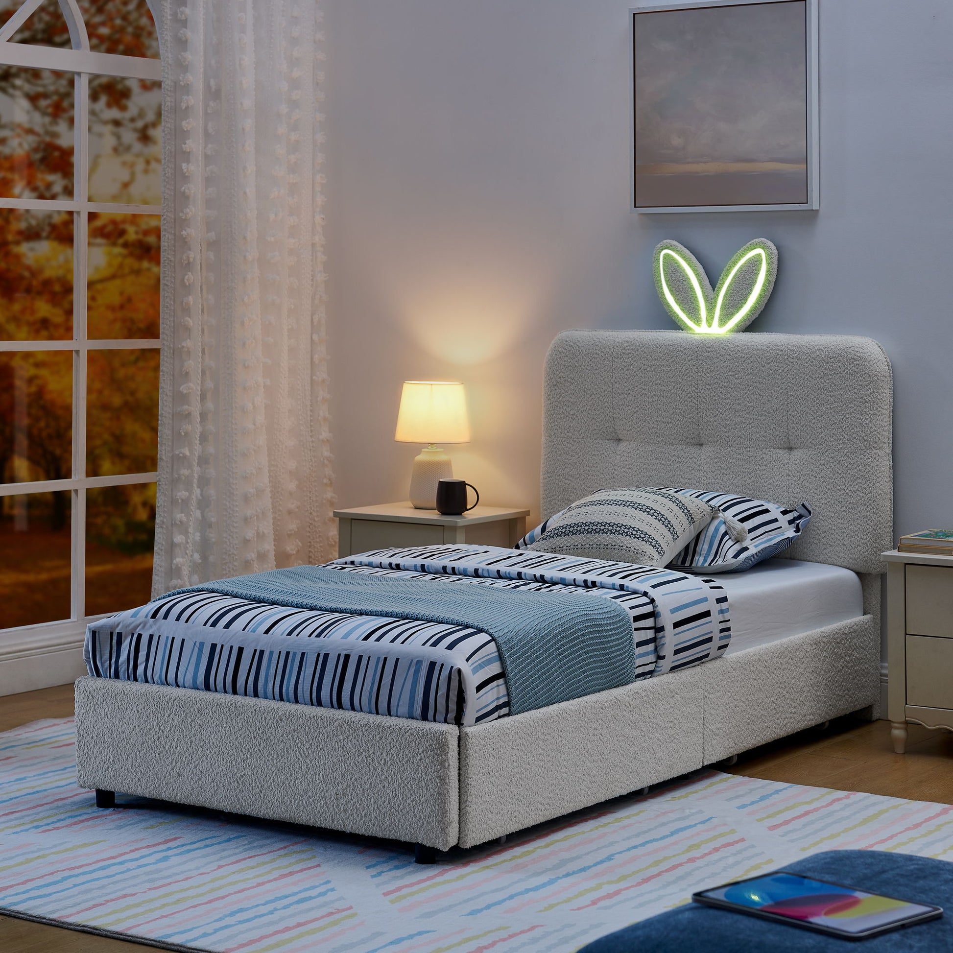 Upholstered Bed With Oversized Rabbit Ear Headboard, LED Lights & 4 Storage Drawers - The Sleep Loft - Online Mattress Showroom NYC