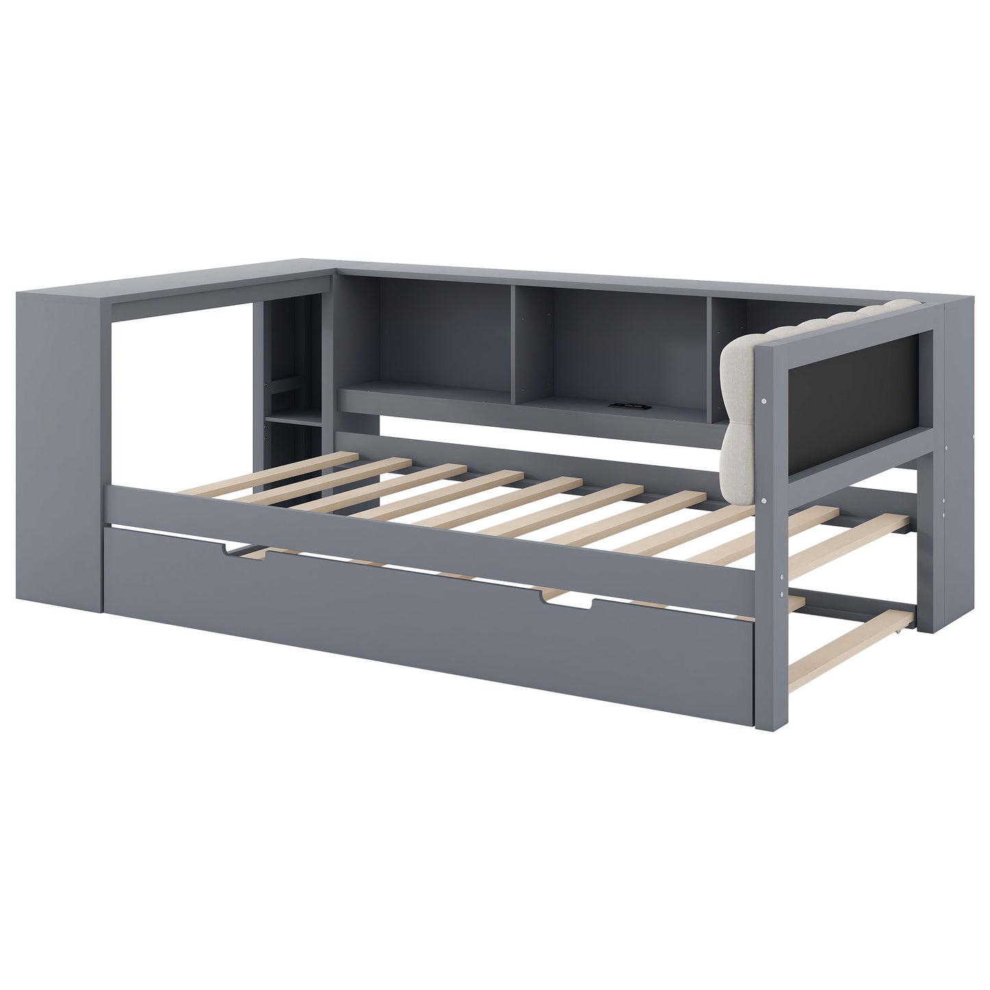 Upholstered Headboard Platform Bed With Storage Shelves, Trundle, Charging Station - The Sleep Loft - Online Mattress Showroom NYC
