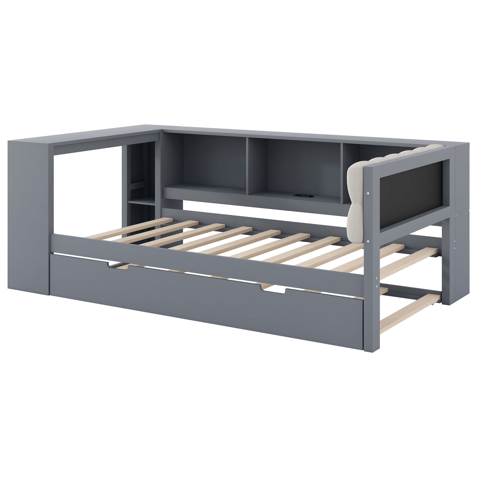 Upholstered Headboard Platform Bed With Storage Shelves, Trundle, Charging Station - The Sleep Loft - Online Mattress Showroom NYC