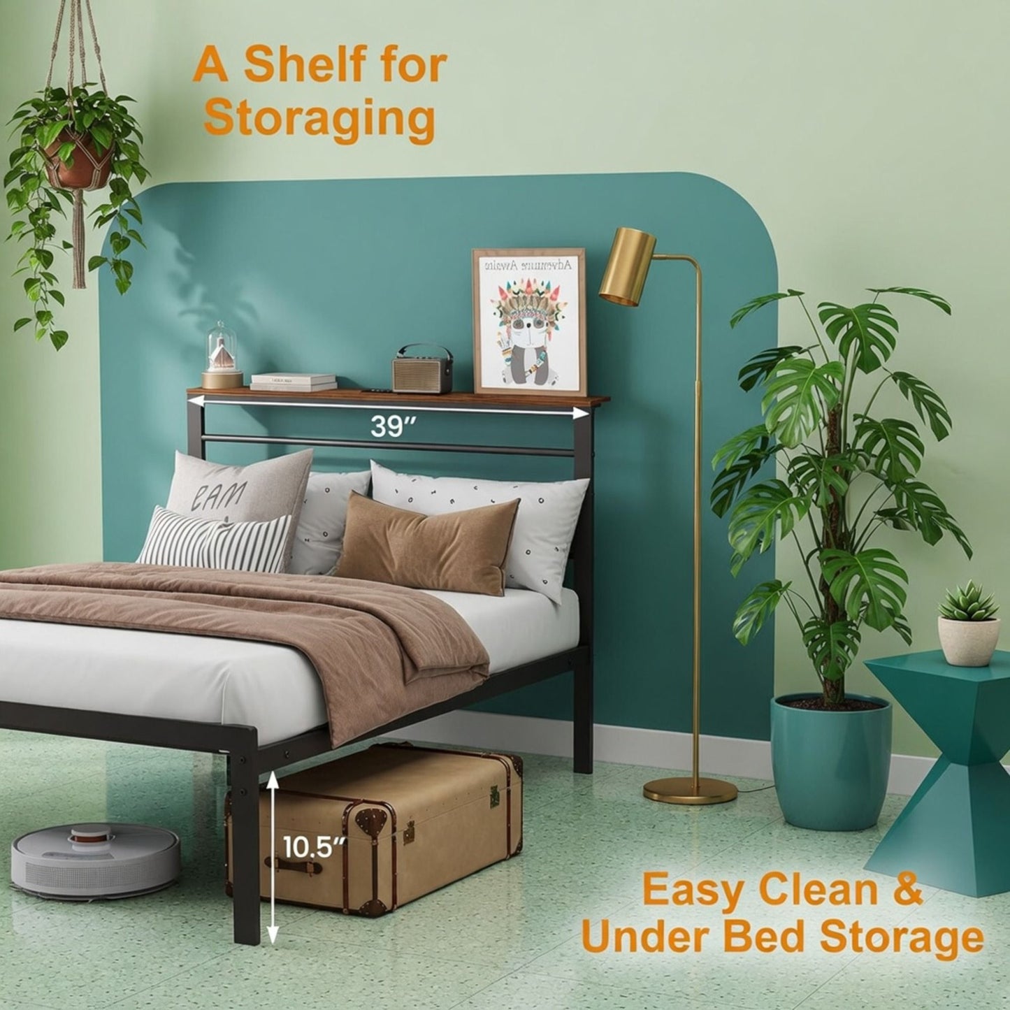 Platform Bed Frame With Charging Station & Headboard Shelves