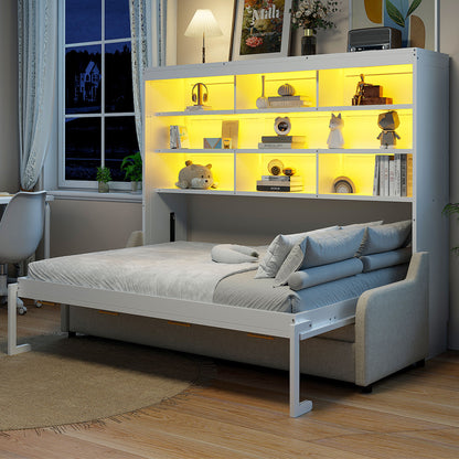 Murphy Cabinet Bed With Folding Sofa, Built In Storage Shelves And LED Light