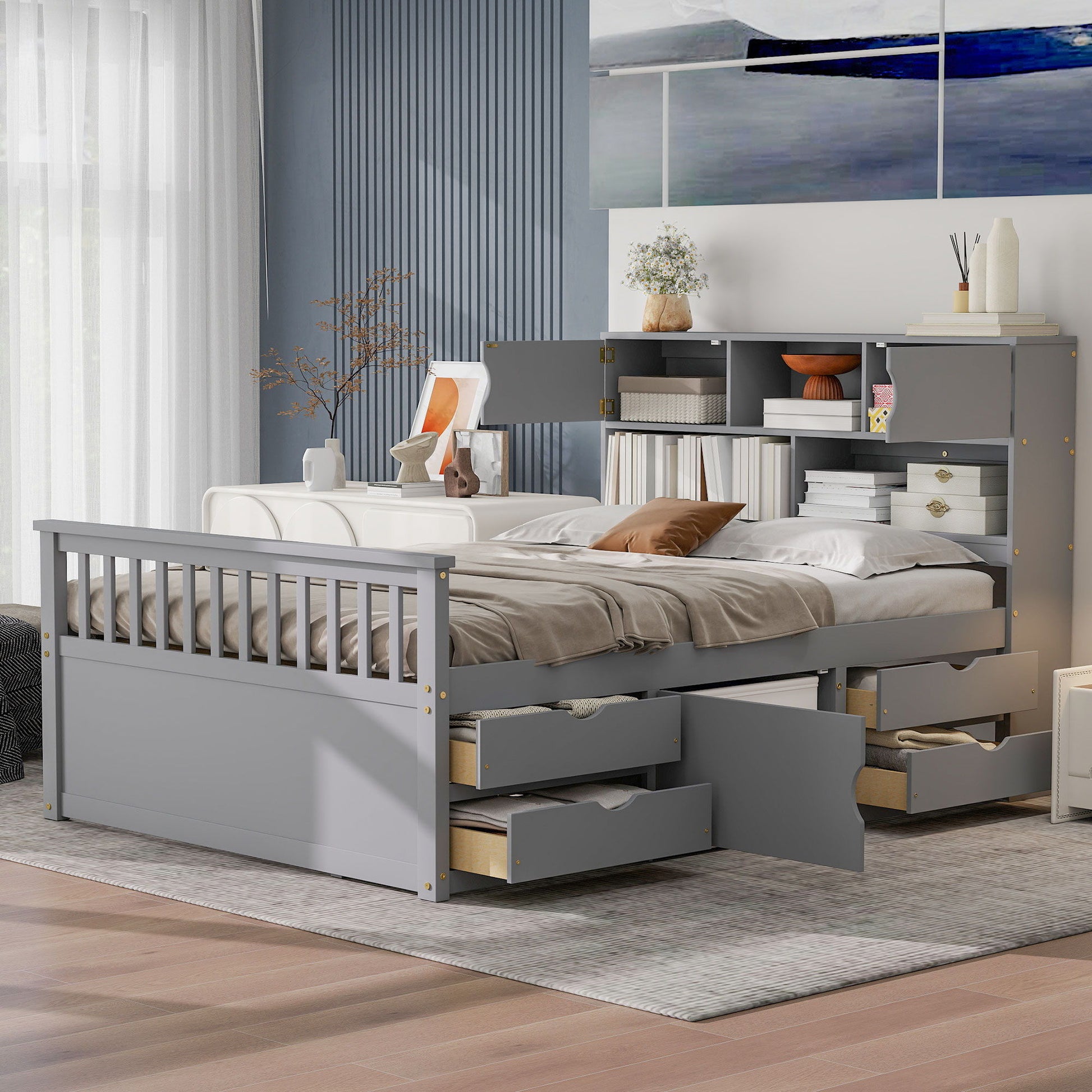 Captain Platform Bed Frame With Bookcase Headboard, 4 Drawers, Storage Shelves - The Sleep Loft - Online Mattress Showroom NYC