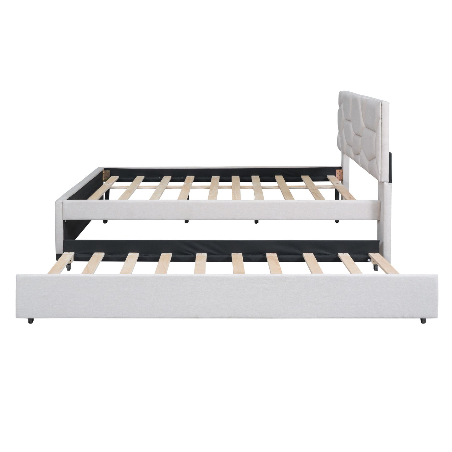 Upholstered Platform Bed With Brick Pattern Headboard And Twin Long Size Trundle - The Sleep Loft - Online Mattress Showroom NYC