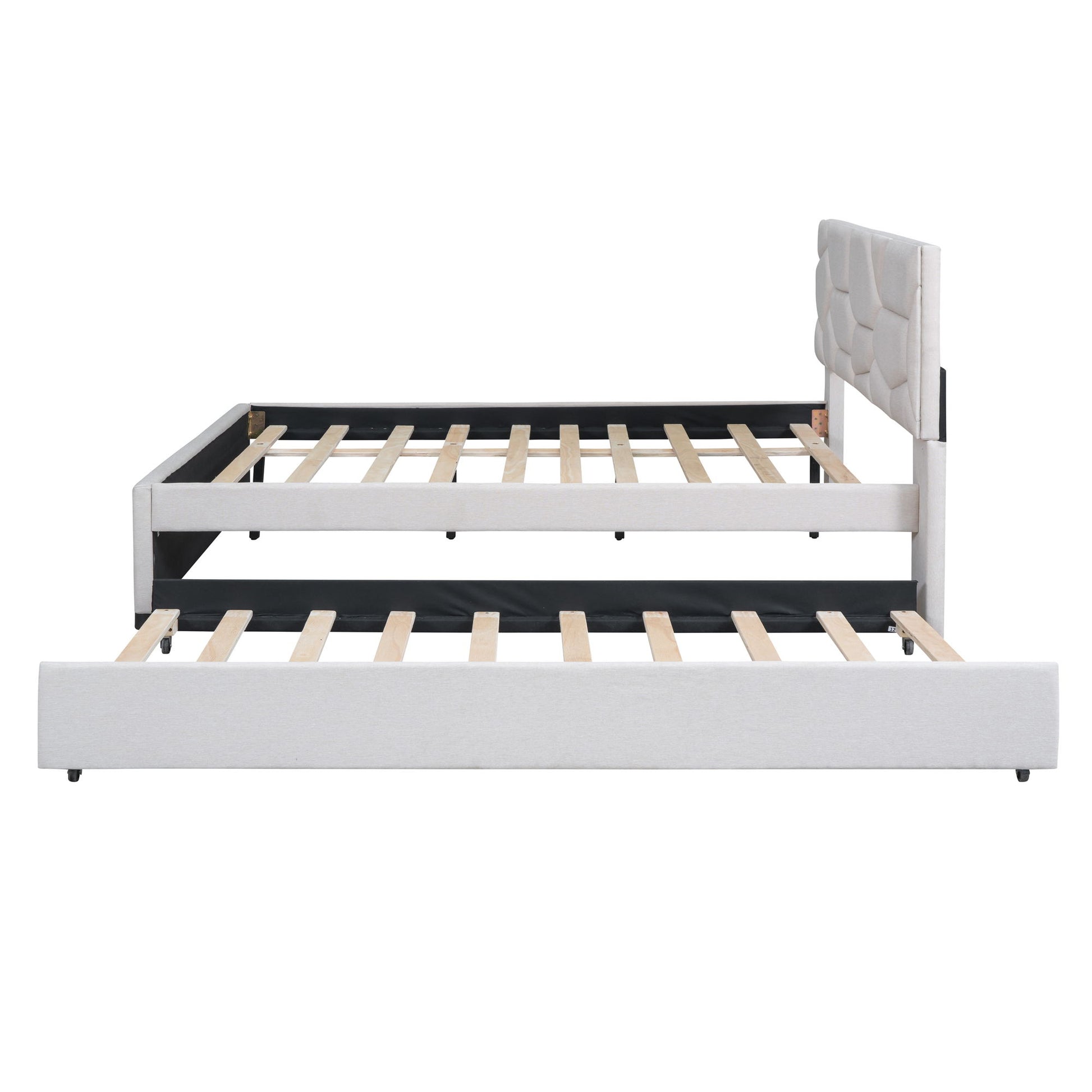 Upholstered Platform Bed With Brick Pattern Headboard And Twin Long Size Trundle - The Sleep Loft - Online Mattress Showroom NYC