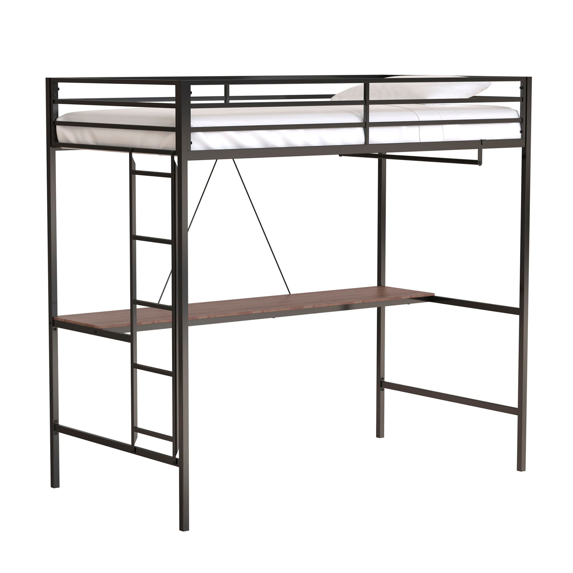 Adam - Twin Loft Bunk Bed With Cinnamon Wood Desk And Closet Rod - Black - The Sleep Loft - Online Mattress Showroom NYC