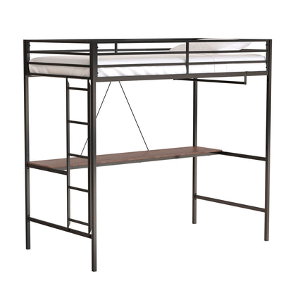Adam - Twin Loft Bunk Bed With Cinnamon Wood Desk And Closet Rod - Black - The Sleep Loft - Online Mattress Showroom NYC