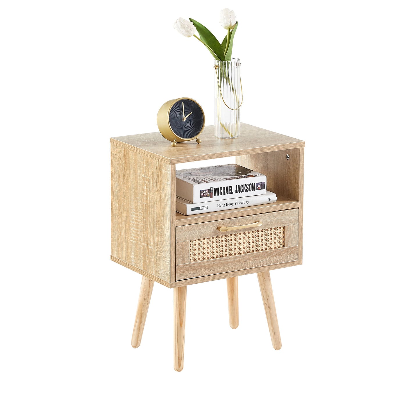 15.75" Rattan End Table With Drawer And Solid Wood Legs, Modern Nightstand, Side Table For Living Room, Bedroom - The Sleep Loft - Online Mattress Showroom NYC