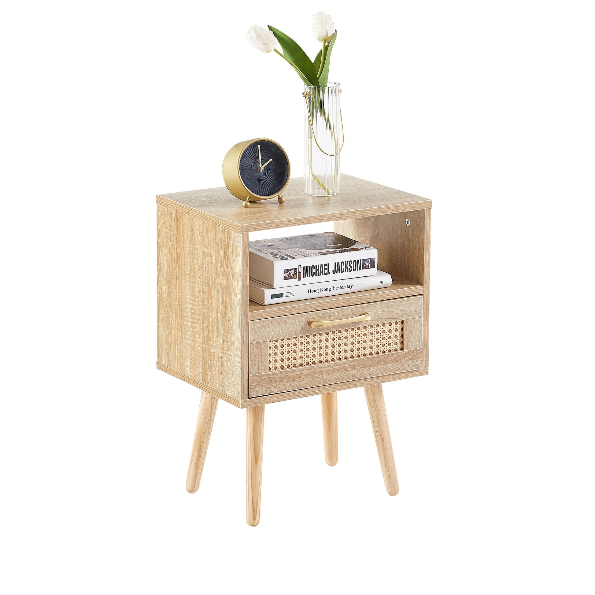 15.75" Rattan End Table With Drawer And Solid Wood Legs, Modern Nightstand, Side Table For Living Room, Bedroom - The Sleep Loft - Online Mattress Showroom NYC
