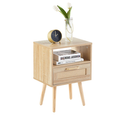 15.75" Rattan End Table With Drawer And Solid Wood Legs, Modern Nightstand, Side Table For Living Room, Bedroom - The Sleep Loft - Online Mattress Showroom NYC