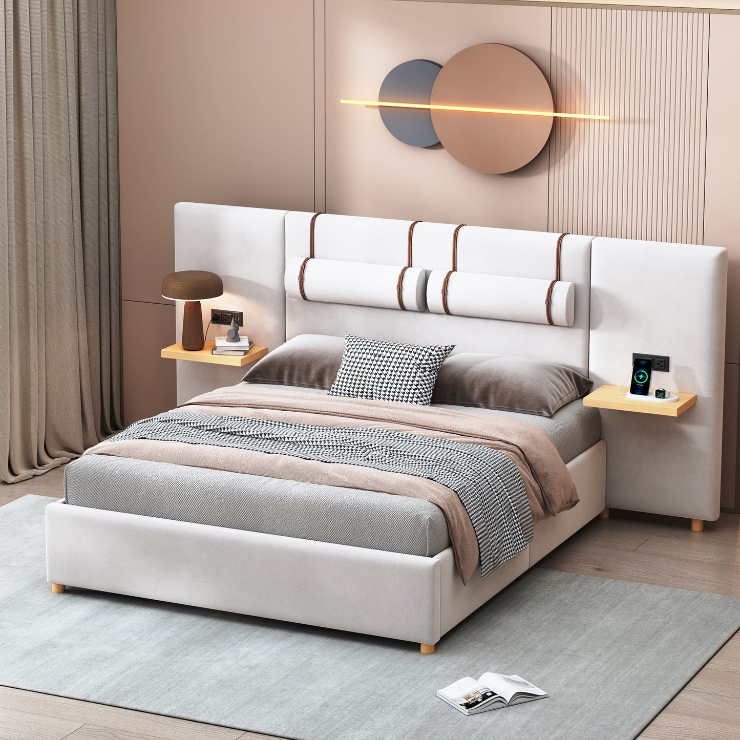 Upholstered Platform Bed, 2 Outlets And USB Charging Ports On Both Sides, 2 Bedside Pillows, Storage Shelves - The Sleep Loft - Online Mattress Showroom NYC