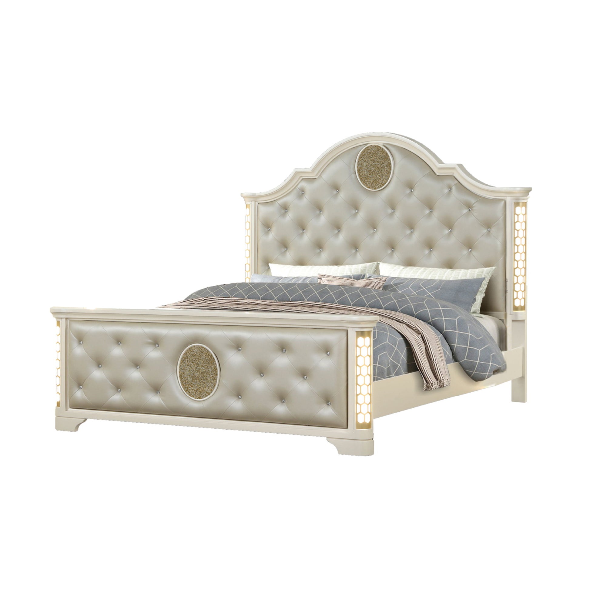 Jasmine - Queen Size Tufted Upholstery & LED Bed - Beige - The Sleep Loft - Online Mattress Showroom NYC