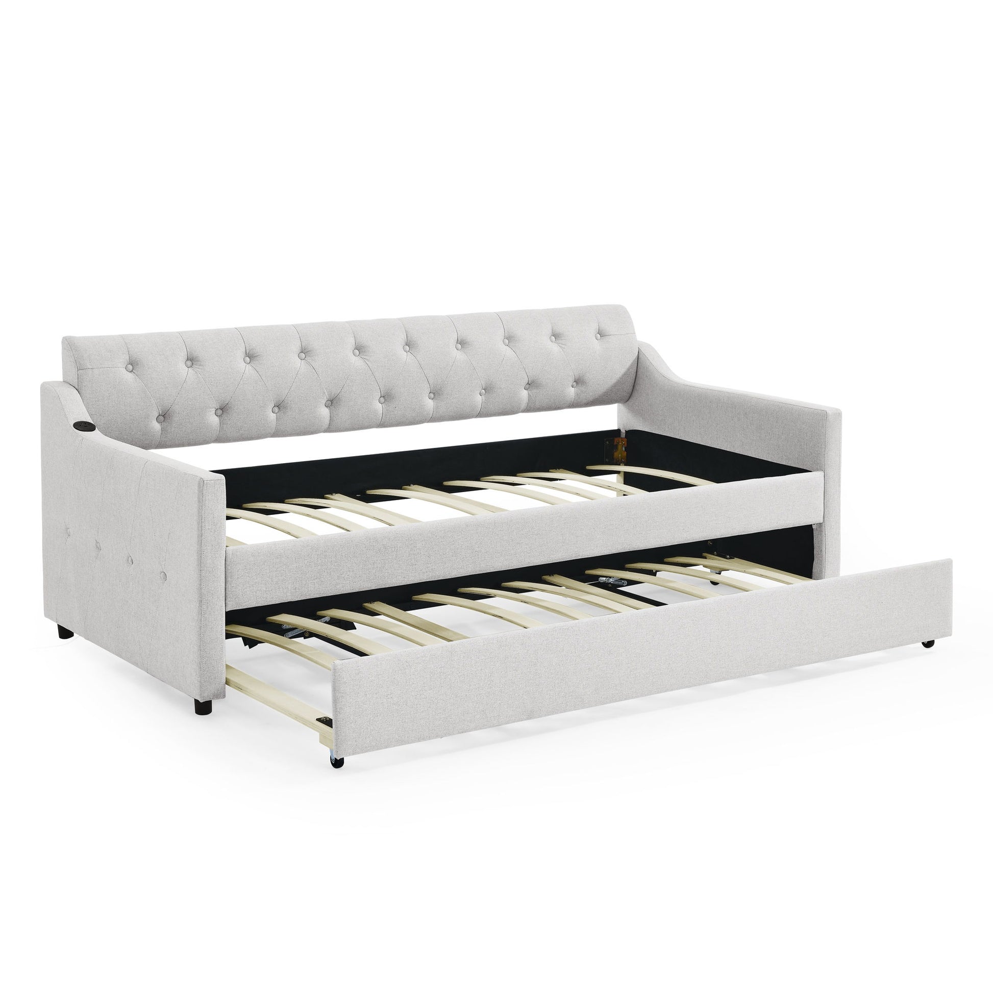 Size Upholstered Daybed With Trundle And USB Charging Armrest - The Sleep Loft - Online Mattress Showroom NYC