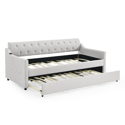 Size Upholstered Daybed With Trundle And USB Charging Armrest - The Sleep Loft - Online Mattress Showroom NYC