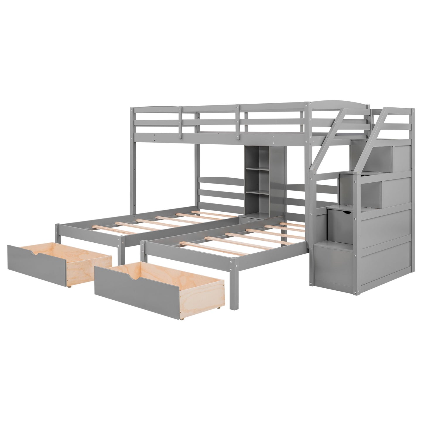 Twin Over Twin & Twin Bunk Bed With Drawers, Staircase Storage, Built In Shelves - Gray - The Sleep Loft - Online Mattress Showroom NYC