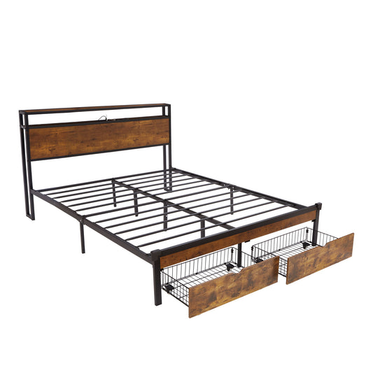 Modern Metal Platform Bed Frame With Wooden Headboard And Footboard, USB Charging Station, LED Lights, 2 Drawers - The Sleep Loft - Online Mattress Showroom NYC