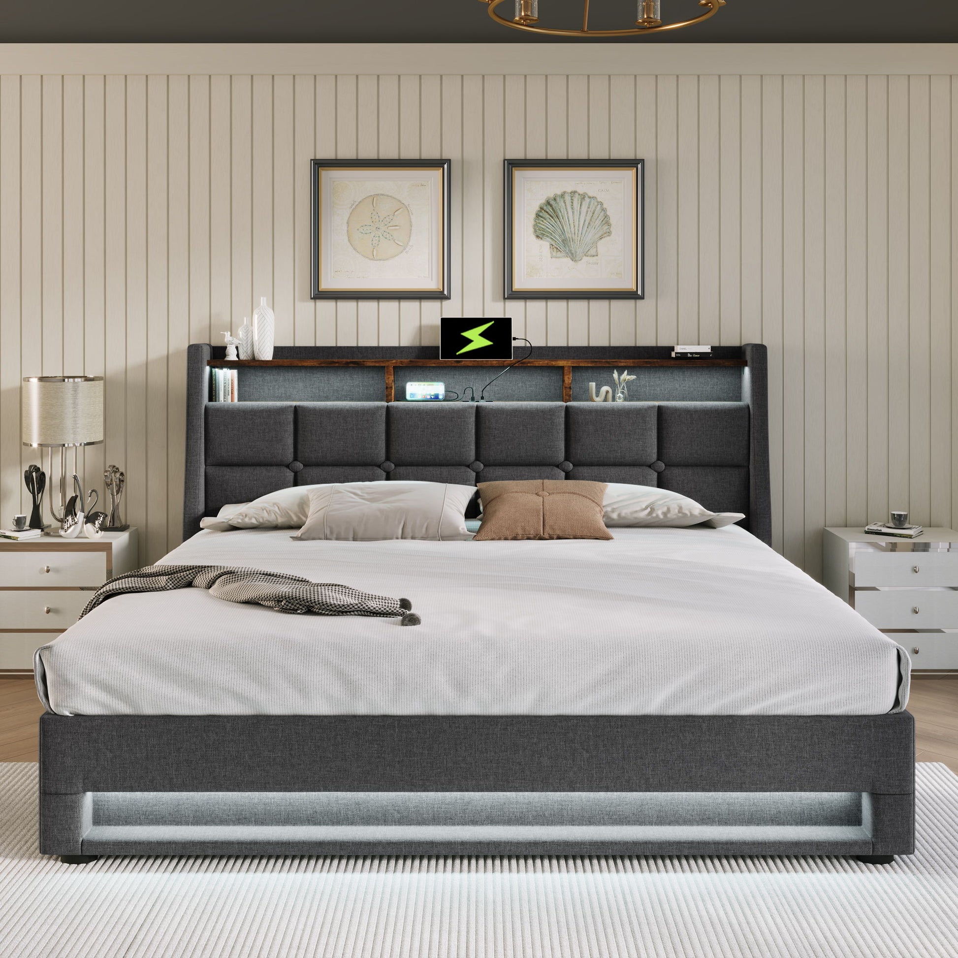 Upholstered Platform Bed With A Hydraulic Storage System, LED And USB Charging (Without Mattress) - The Sleep Loft - Online Mattress Showroom NYC