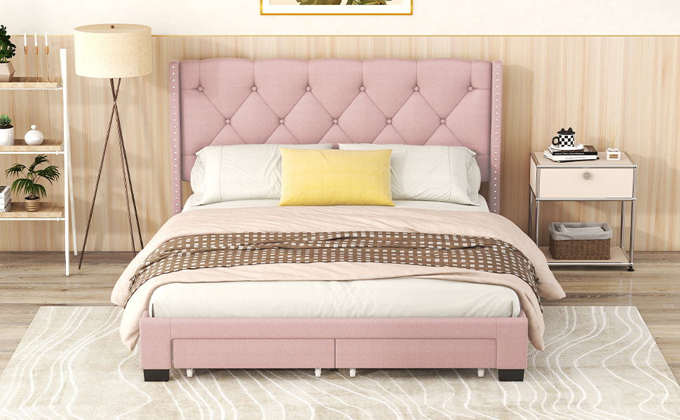 Queen Size Storage Bed Linen Upholstered Platform Bed & Two Drawers - Pink - The Sleep Loft - Online Mattress Showroom NYC